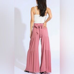 Rewash Tie-Waist Tiered Wide Leg Pant (Mauve)